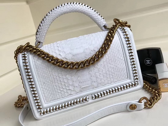 Boy Chanel Handbag with Top Handle White Python Brass Metal