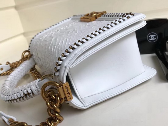 Boy Chanel Handbag with Top Handle White Python Brass Metal