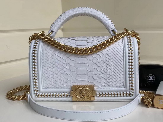 Boy Chanel Handbag with Top Handle White Python Gold Tone Metal