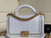 Boy Chanel Handbag with Top Handle White Python Gold Tone Metal