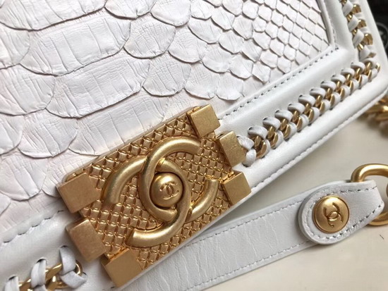 Boy Chanel Handbag with Top Handle White Python Gold Tone Metal