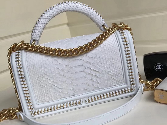 Boy Chanel Handbag with Top Handle White Python Gold Tone Metal