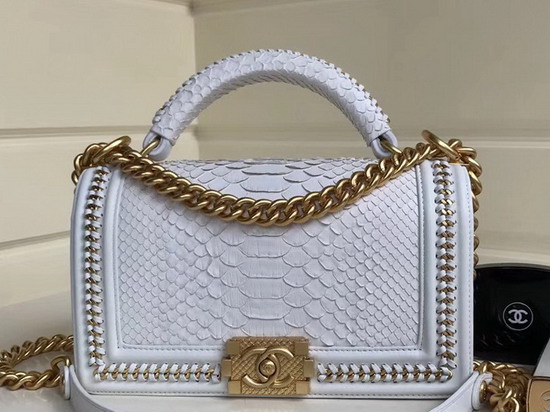 Boy Chanel Handbag with Top Handle White Python Gold Tone Metal