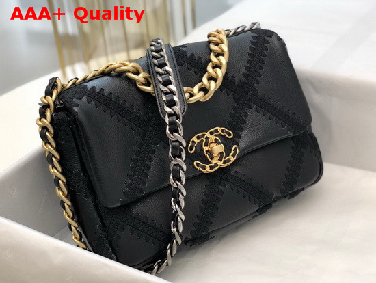 Chanel 19 Flap Bag Calfskin Crochet Gold Tone Silver Tone and Ruthenium Finish Metal Black AS1160 Replica