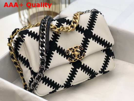 Chanel 19 Flap Bag Calfskin Crochet Gold Tone Silver Tone and Ruthenium Finish Metal White and Black AS1160 Replica