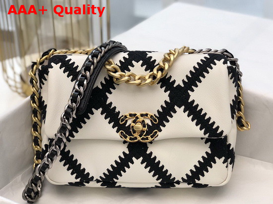 Chanel 19 Flap Bag Calfskin Crochet Gold Tone Silver Tone and Ruthenium Finish Metal White and Black AS1160 Replica