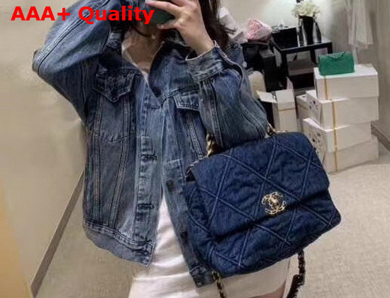 Chanel 19 Flap Bag Denim Gold Tone Silver Tone and Ruthenium Finish Metal Blue AS1160 Replica