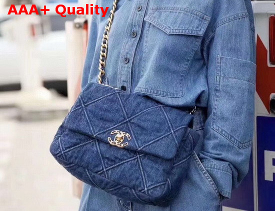 Chanel 19 Flap Bag Denim Gold Tone Silver Tone and Ruthenium Finish Metal Blue AS1160 Replica