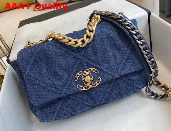 Chanel 19 Flap Bag Denim Gold Tone Silver Tone and Ruthenium Finish Metal Blue AS1160 Replica