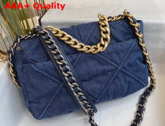 Chanel 19 Flap Bag Denim Gold Tone Silver Tone and Ruthenium Finish Metal Blue AS1160 Replica