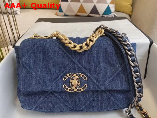 Chanel 19 Flap Bag Denim Gold Tone Silver Tone and Ruthenium Finish Metal Blue AS1160 Replica