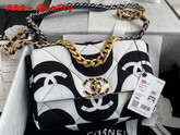 Chanel 19 Flap Bag Printed Fabric Gold Tone Silver Tone and Ruthenium Finish Metal Black and Ecru AS1160 Replica