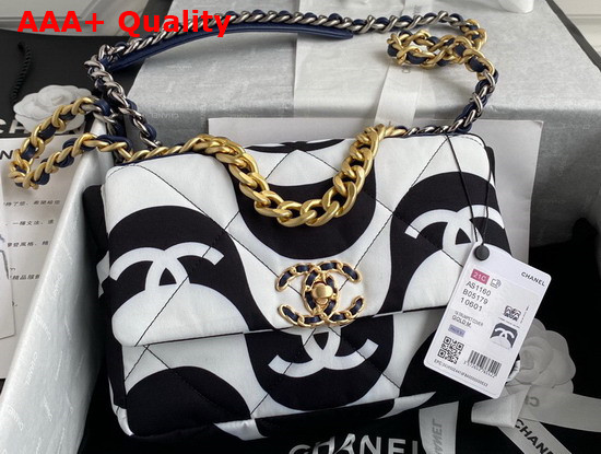 Chanel 19 Flap Bag Printed Fabric Gold Tone Silver Tone and Ruthenium Finish Metal Black and Ecru AS1160 Replica