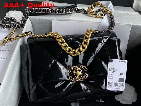 Chanel 19 Flap Bag in Black Shiny Crumpled Calfskin Gold Tone Silver Tone and Ruthenium Finish Metal AS1160 Replica