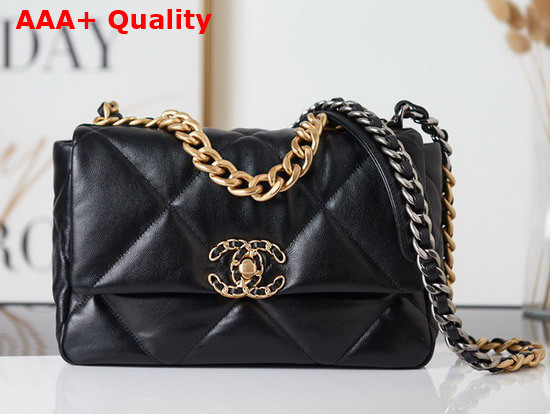 Chanel 19 Handbag Lambskin Gold Tone Silver Tone Ruthenium Finish Metal Black Ref AS1160 Replica