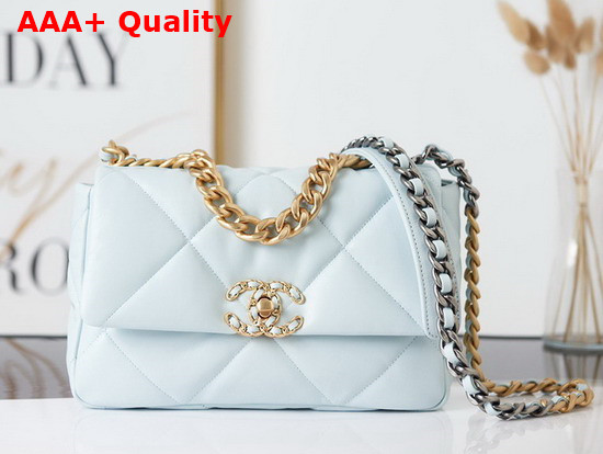 Chanel 19 Handbag Lambskin Gold Tone Silver Tone Ruthenium Finish Metal Light Blue Ref AS1160 Replica