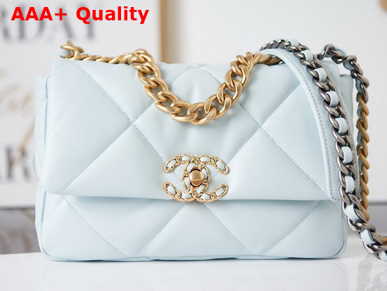 Chanel 19 Handbag Lambskin Gold Tone Silver Tone Ruthenium Finish Metal Light Blue Ref AS1160 Replica