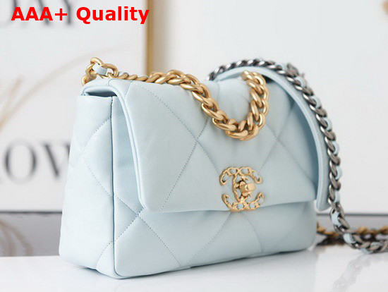 Chanel 19 Handbag Lambskin Gold Tone Silver Tone Ruthenium Finish Metal Light Blue Ref AS1160 Replica