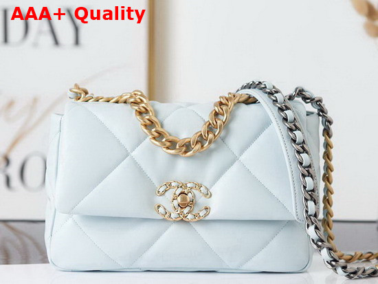 Chanel 19 Handbag Lambskin Gold Tone Silver Tone Ruthenium Finish Metal Light Blue Ref AS1160 Replica