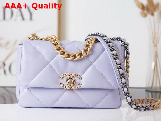 Chanel 19 Handbag Lambskin Gold Tone Silver Tone Ruthenium Finish Metal Light Purple Ref AS1160 Replica