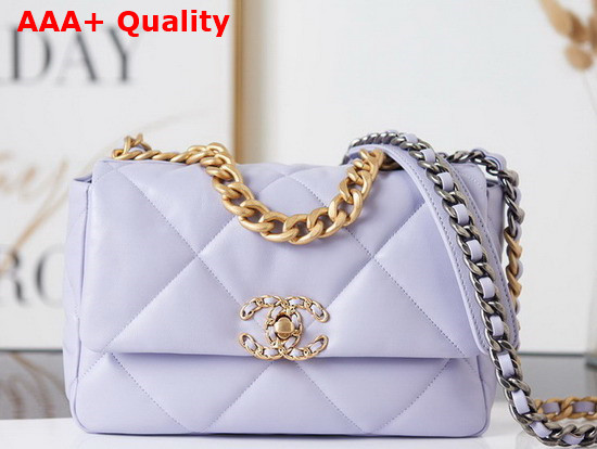 Chanel 19 Handbag Lambskin Gold Tone Silver Tone Ruthenium Finish Metal Light Purple Ref AS1160 Replica