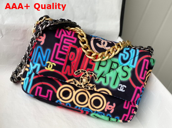 Chanel 19 Handbag Printed Fabric Gold Tone Silver Tone and Ruthenium Finish Metal Black and Multicolor AS1160 Replica