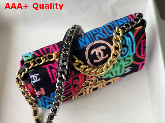 Chanel 19 Handbag Printed Fabric Gold Tone Silver Tone and Ruthenium Finish Metal Black and Multicolor AS1160 Replica