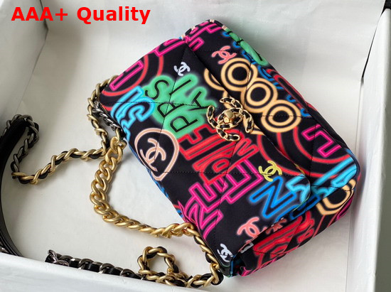 Chanel 19 Handbag Printed Fabric Gold Tone Silver Tone and Ruthenium Finish Metal Black and Multicolor AS1160 Replica