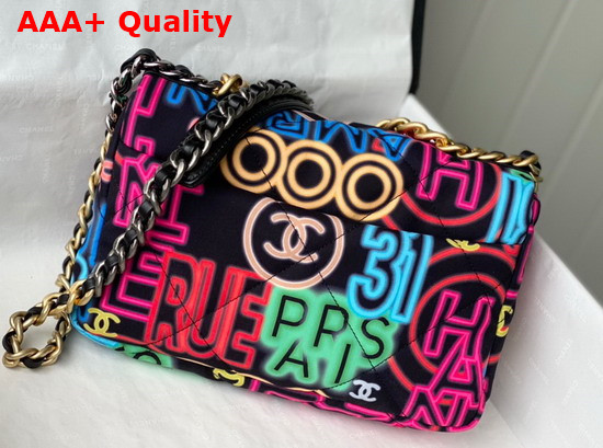 Chanel 19 Handbag Printed Fabric Gold Tone Silver Tone and Ruthenium Finish Metal Black and Multicolor AS1160 Replica