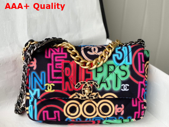 Chanel 19 Handbag Printed Fabric Gold Tone Silver Tone and Ruthenium Finish Metal Black and Multicolor AS1160 Replica