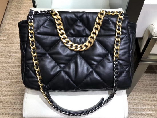 Chanel 19 Maxi Flap Bag Black Goatskin Gold Tone Silver Tone and Ruthenium Finish Metal AS1161