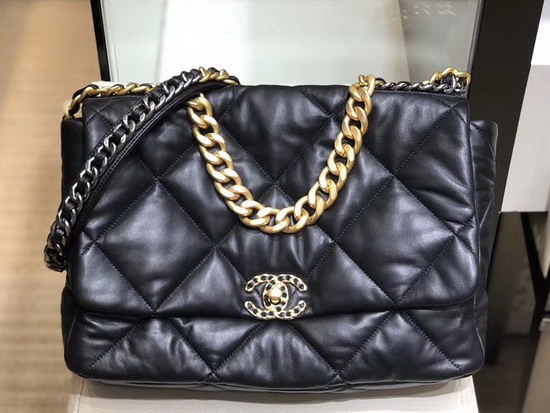 Chanel 19 Maxi Flap Bag Black Goatskin Gold Tone Silver Tone and Ruthenium Finish Metal AS1161