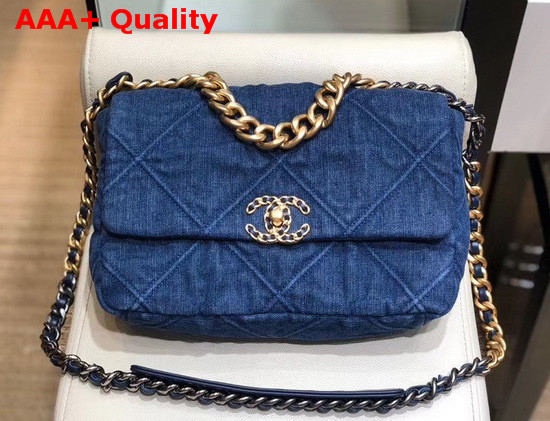 Chanel 19 Large Flap Bag Denim Gold Tone Silver Tone and Ruthenium Finish Metal Blue AS1161 Replica