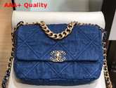 Chanel 19 Large Flap Bag Denim Gold Tone Silver Tone and Ruthenium Finish Metal Blue AS1161 Replica