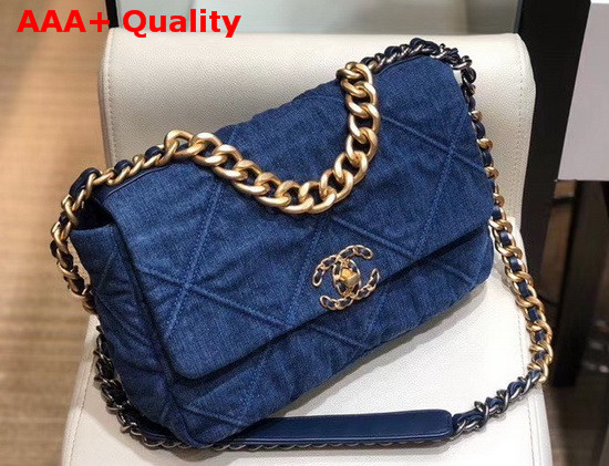 Chanel 19 Large Flap Bag Denim Gold Tone Silver Tone and Ruthenium Finish Metal Blue AS1161 Replica