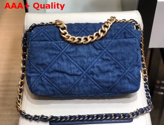 Chanel 19 Large Flap Bag Denim Gold Tone Silver Tone and Ruthenium Finish Metal Blue AS1161 Replica