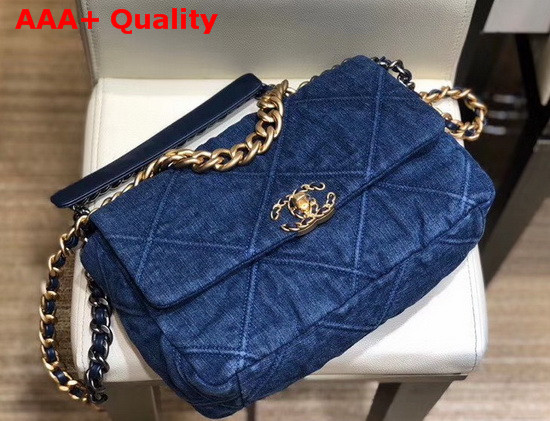 Chanel 19 Large Flap Bag Denim Gold Tone Silver Tone and Ruthenium Finish Metal Blue AS1161 Replica