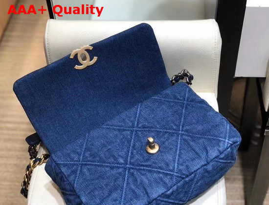 Chanel 19 Large Flap Bag Denim Gold Tone Silver Tone and Ruthenium Finish Metal Blue AS1161 Replica