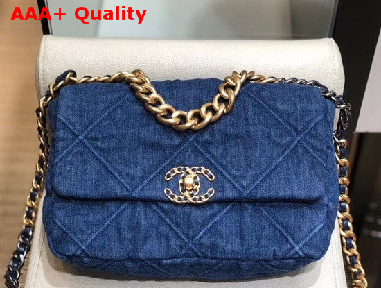 Chanel 19 Large Flap Bag Denim Gold Tone Silver Tone and Ruthenium Finish Metal Blue AS1161 Replica