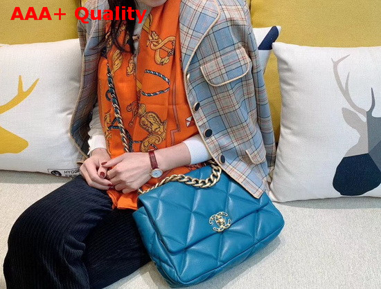 Chanel 19 Large Flap Bag Lambskin Gold Tone Silver Tone and Ruthenium Finish Metal Blue AS1161 Replica