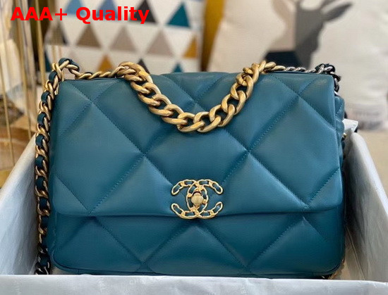 Chanel 19 Large Flap Bag Lambskin Gold Tone Silver Tone and Ruthenium Finish Metal Blue AS1161 Replica