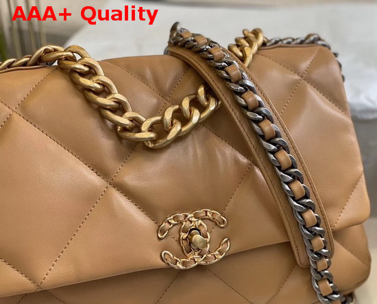 Chanel 19 Large Flap Bag Lambskin Gold Tone Silver Tone and Ruthenium Finish Metal Dark Beige AS1161 Replica