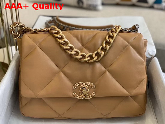 Chanel 19 Large Flap Bag Lambskin Gold Tone Silver Tone and Ruthenium Finish Metal Dark Beige AS1161 Replica