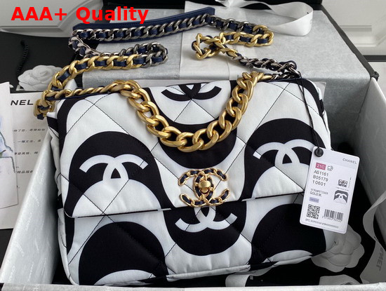 Chanel 19 Large Flap Bag Printed Fabric Gold Tone Silver Tone and Ruthenium Finish Metal Black and Ecru AS1161 Replica