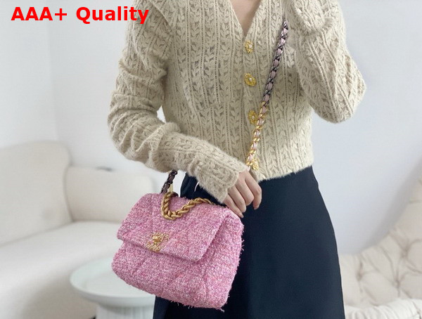 Chanel 19 Large Handbag Cotton Tweed Gold tone Silver Tone Ruthenium Finish Metal Pink and Ecru AS1161 Replica