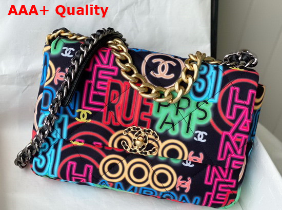 Chanel 19 Large Handbag Printed Fabric Gold Tone Silver Tone and Ruthenium Finish Metal Black and Multicolor AS1161 Replica