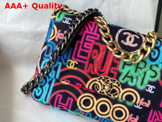 Chanel 19 Large Handbag Printed Fabric Gold Tone Silver Tone and Ruthenium Finish Metal Black and Multicolor AS1161 Replica