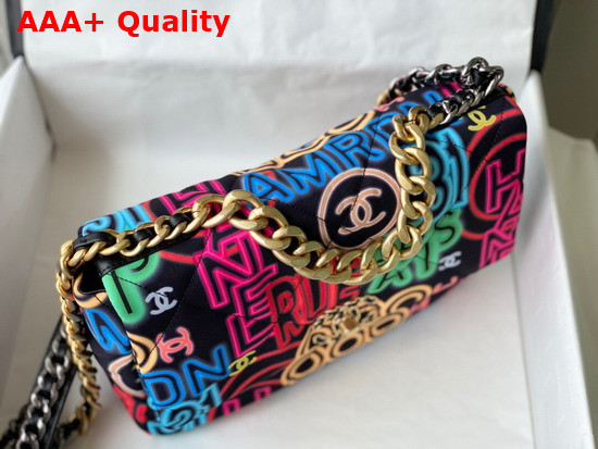 Chanel 19 Large Handbag Printed Fabric Gold Tone Silver Tone and Ruthenium Finish Metal Black and Multicolor AS1161 Replica