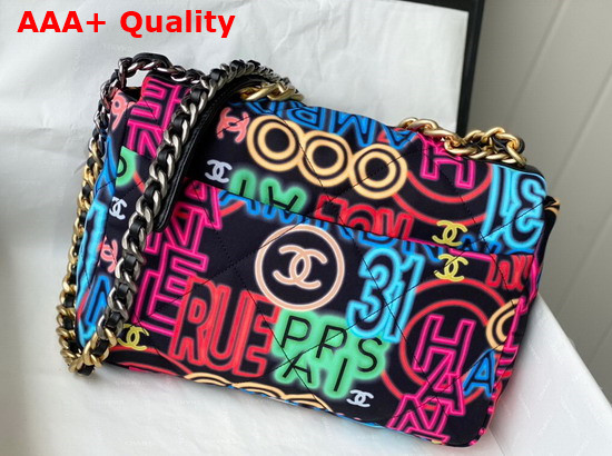 Chanel 19 Large Handbag Printed Fabric Gold Tone Silver Tone and Ruthenium Finish Metal Black and Multicolor AS1161 Replica