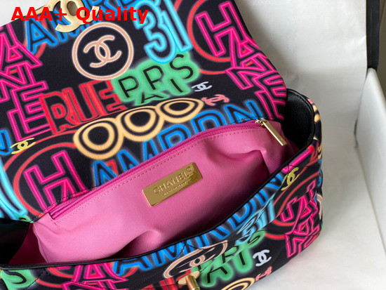 Chanel 19 Large Handbag Printed Fabric Gold Tone Silver Tone and Ruthenium Finish Metal Black and Multicolor AS1161 Replica